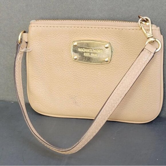 Michael Kors Beige Leather Wristlet Wallet | Small Designer Card Holder - Picture 1 of 16